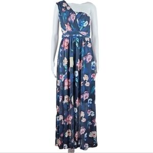 NWT Smash Poinsetia Navy Blue Multi-Color Floral Print One Shoulder Maxi Dress